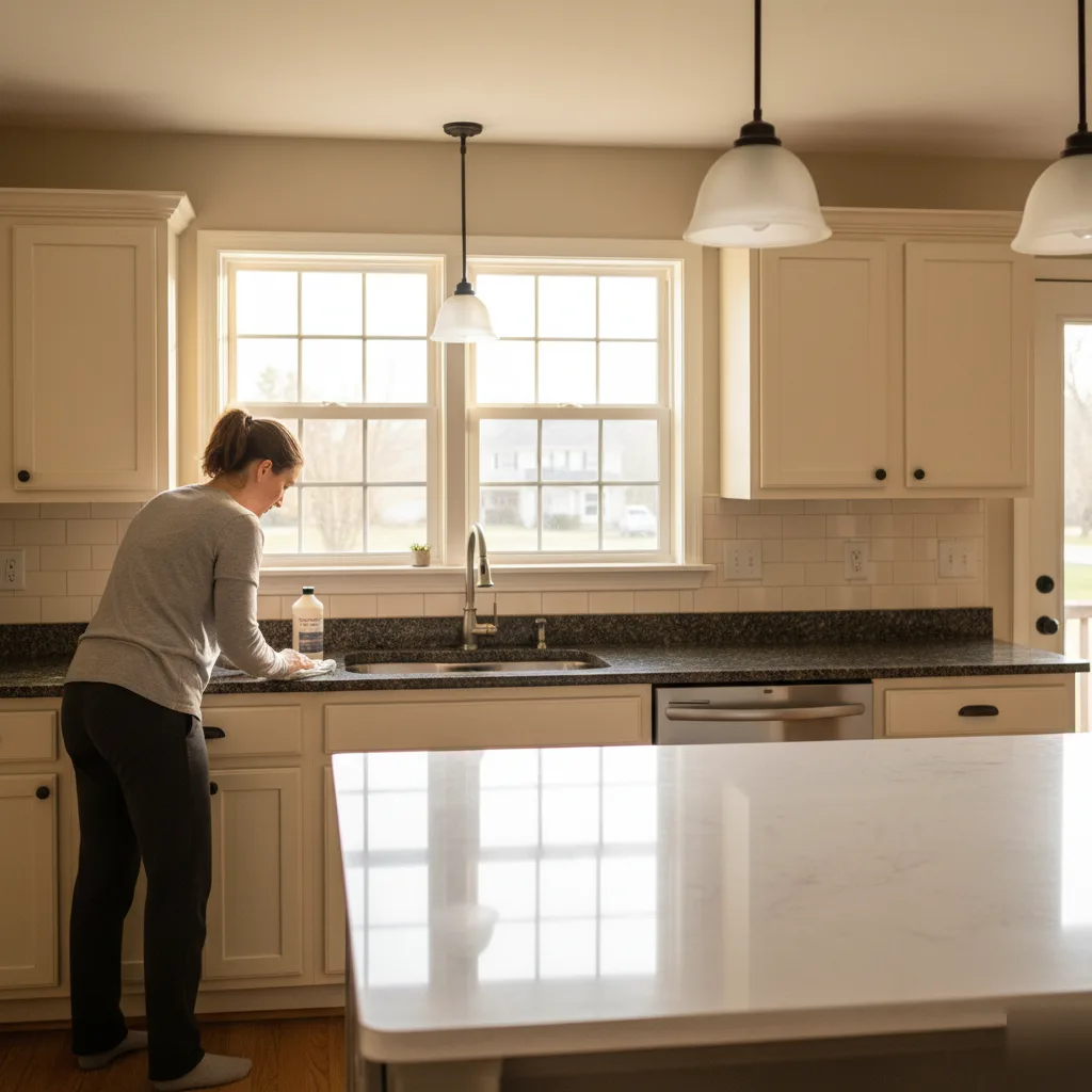 Granite sealing maintenance compared with low-maintenance quartz in a Brownsburg kitchen