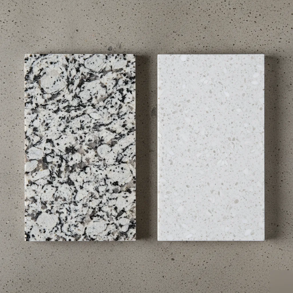 Granite and quartz slab surfaces side by side showing the difference in texture and pattern