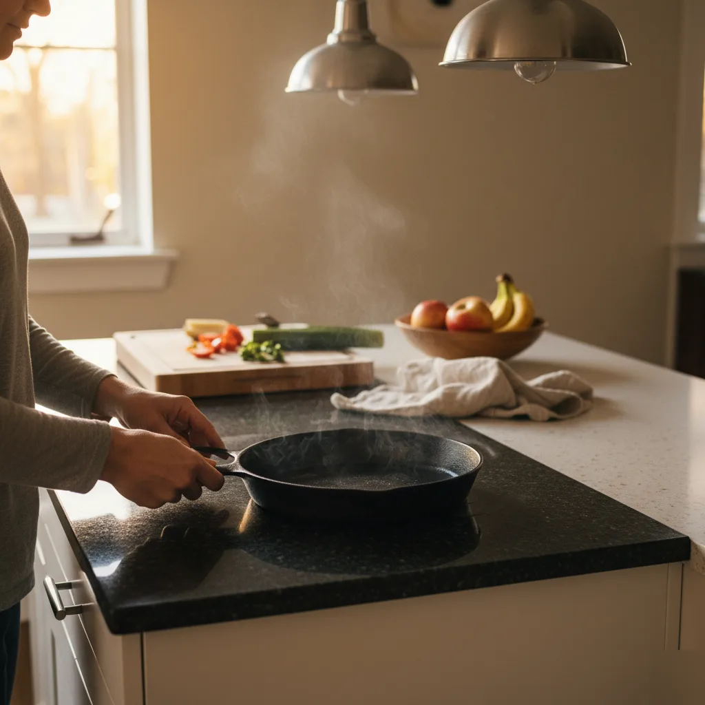 Hot pan set on a granite countertop demonstrating heat resistance in a kitchen