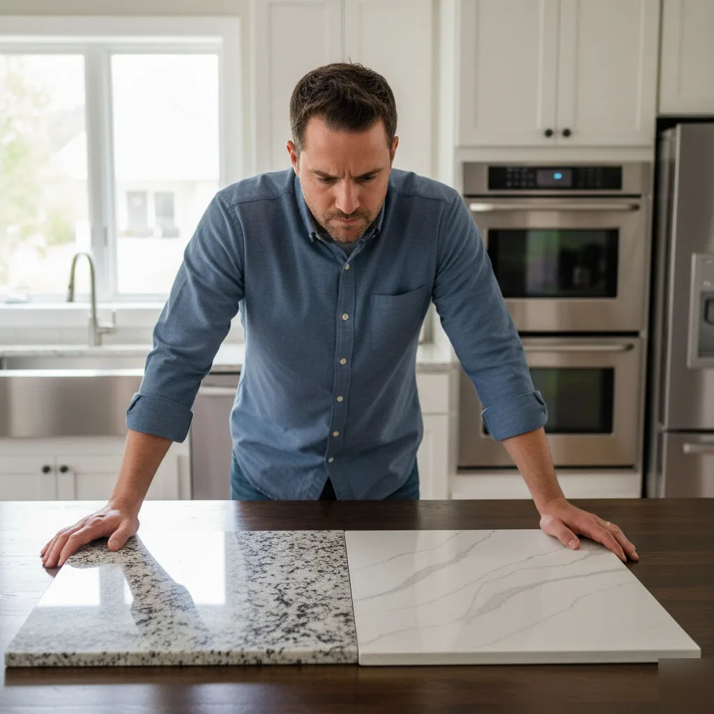 Brownsburg homeowner comparing quartz and granite countertop samples in a kitchen