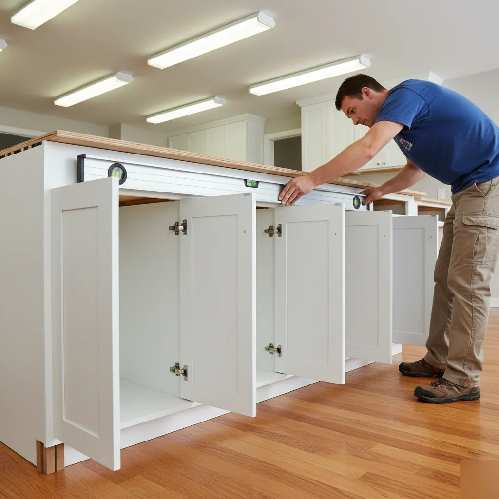 Cabinet leveling with shims during countertop prep in a Brownsburg kitchen