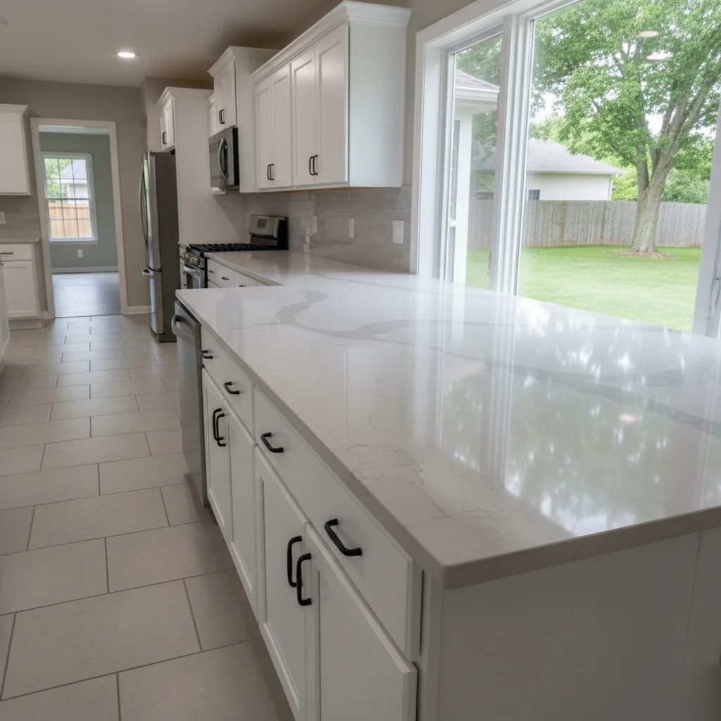 Carefully planned countertop seam placement in a quartz kitchen in Brownsburg