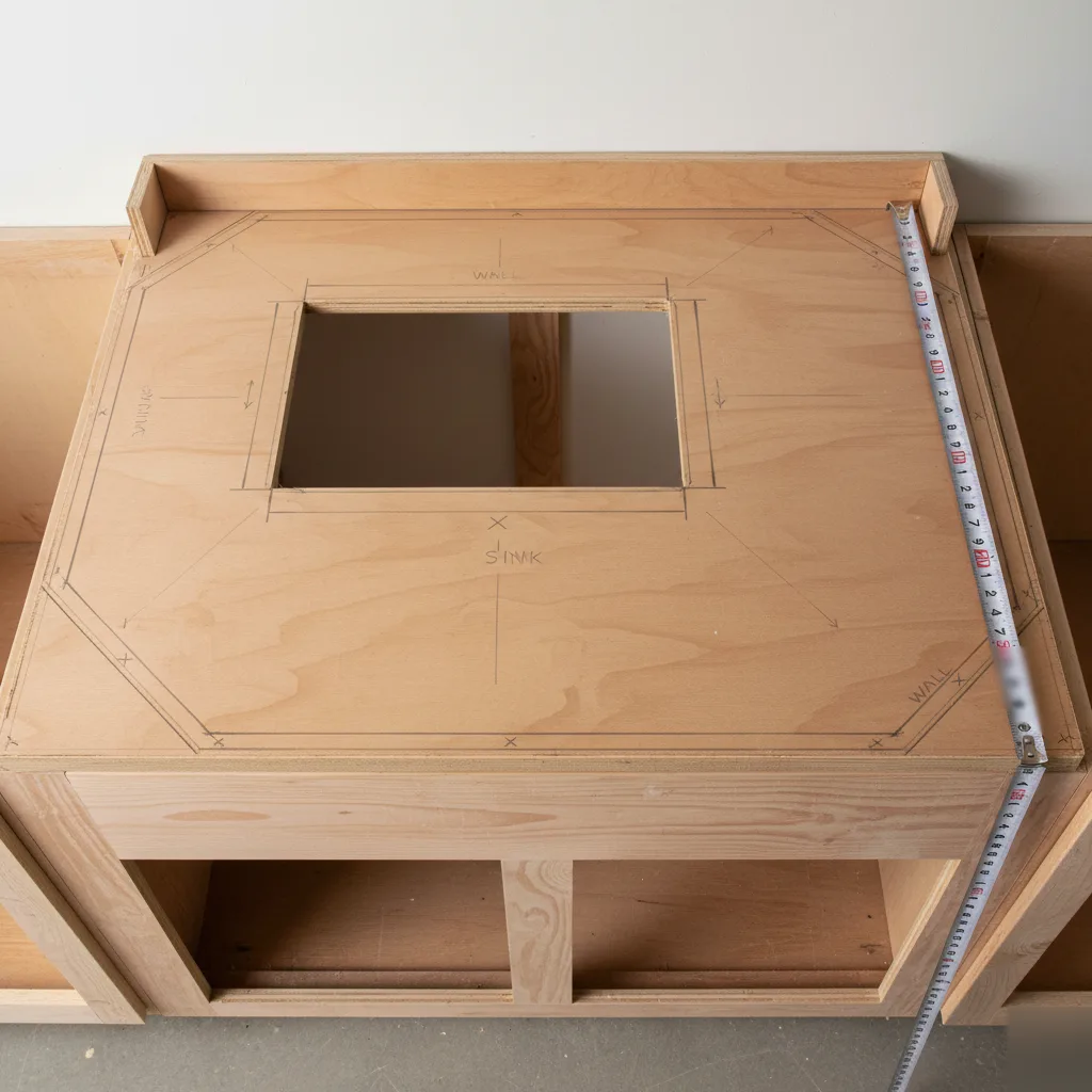 Countertop template measurement showing a precise sink cutout detail