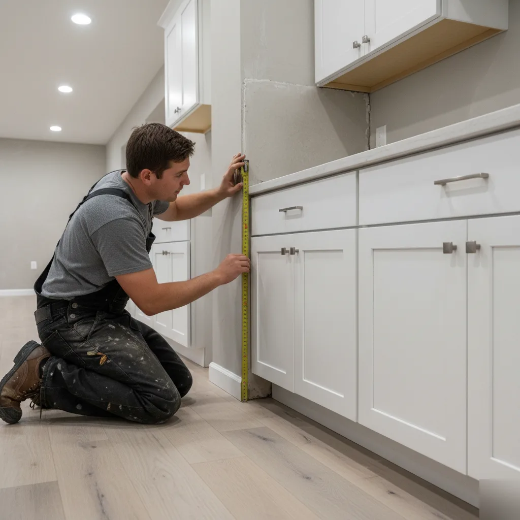 Semi-custom cabinet fit gap at the wall measured during a kitchen install