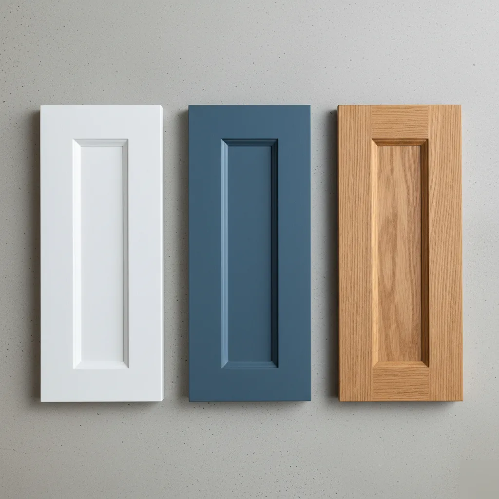 Three cabinet grades shown as door samples for material comparison