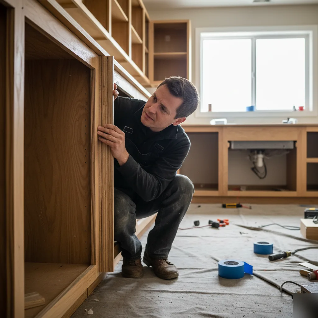Cabinet box material being inspected in a Brownsburg kitchen