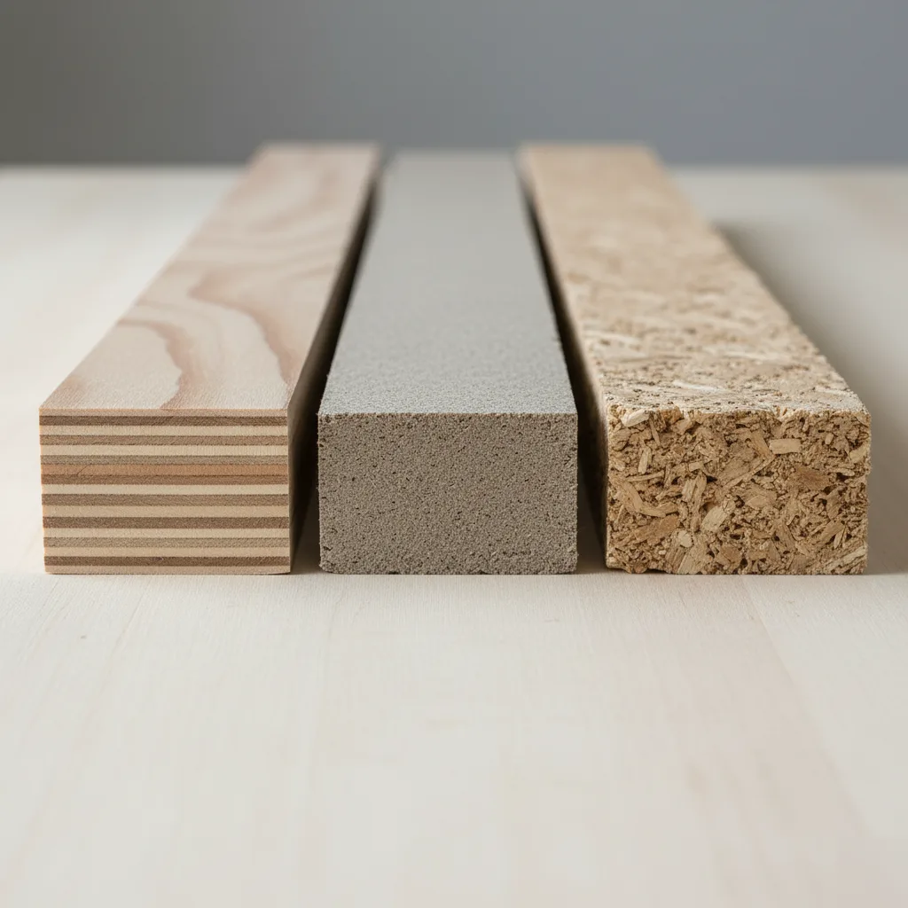Cross-section comparison of plywood, MDF, and particle board cabinet materials