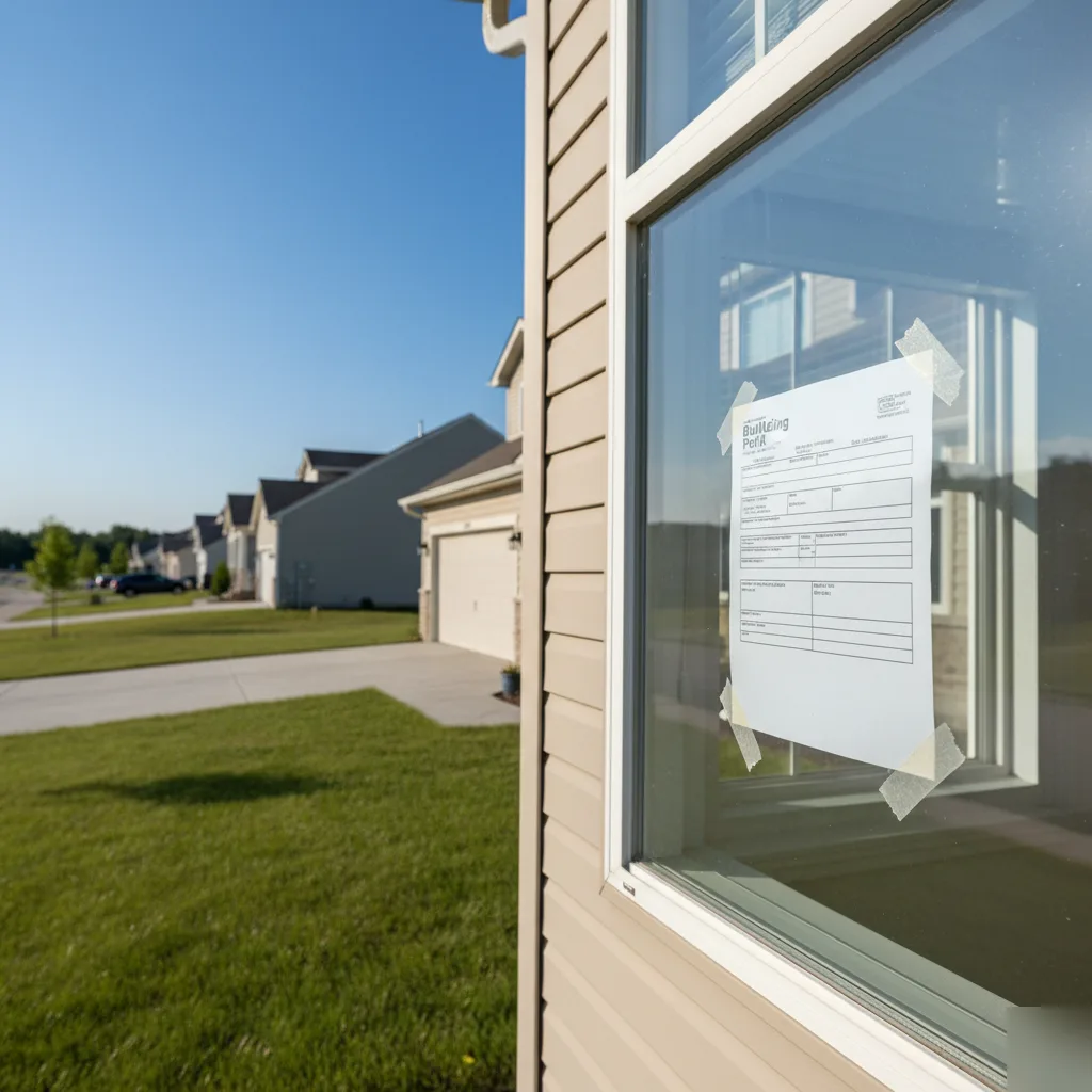 Building permit posted in a window during a Brownsburg home remodel