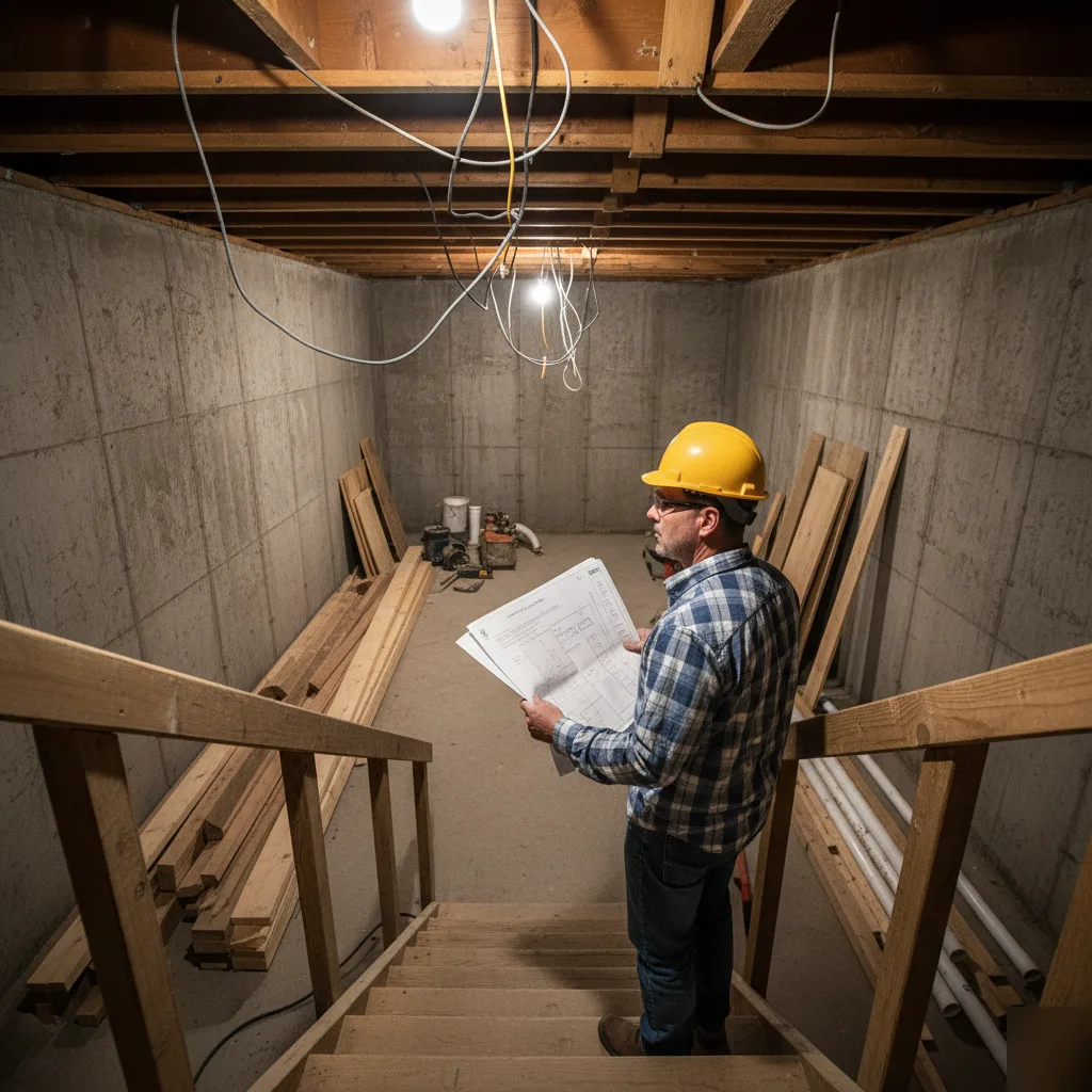 Unfinished basement in Brownsburg, Indiana being prepared for a permitted finishing project