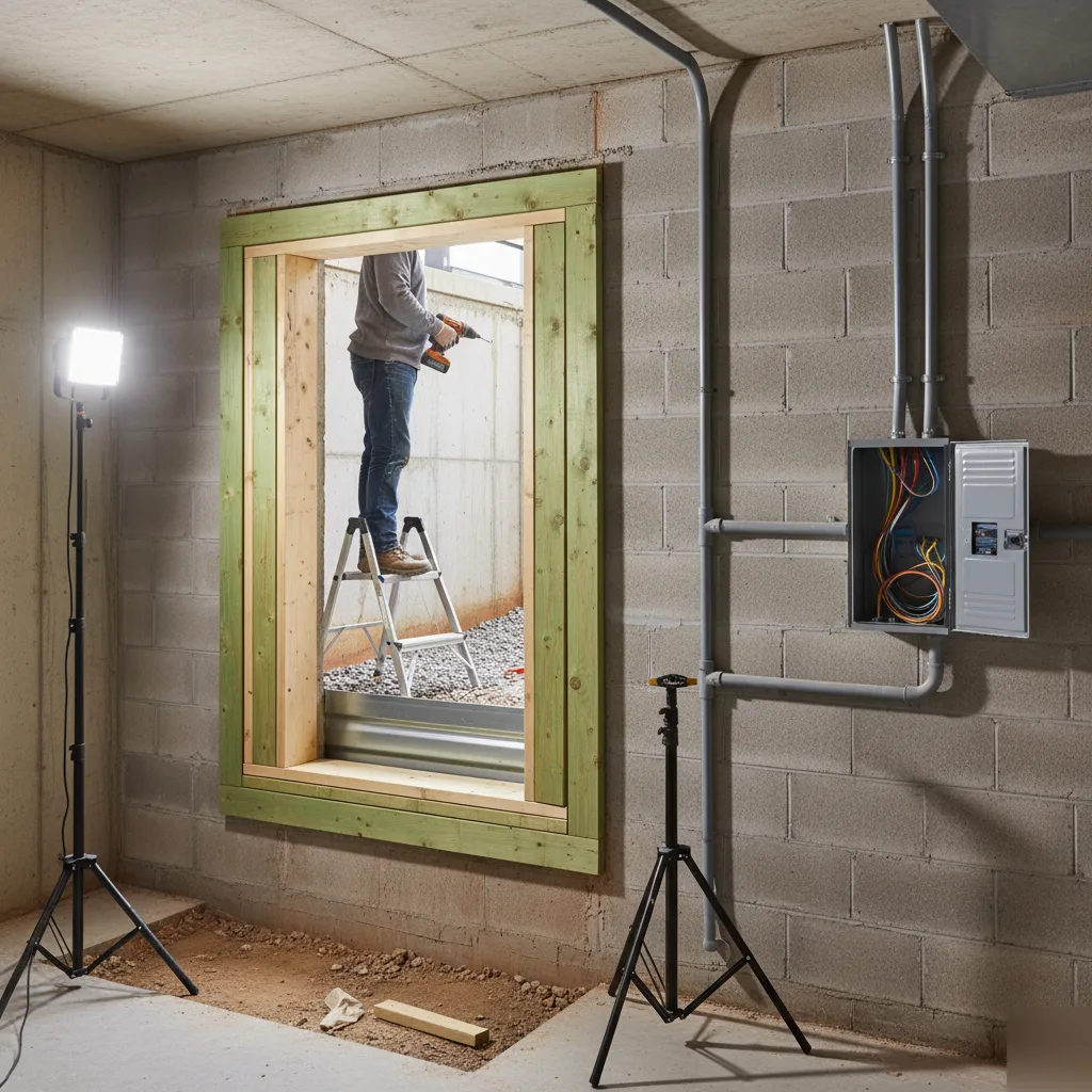 Basement egress window and electrical panel installation during a Brownsburg basement finish