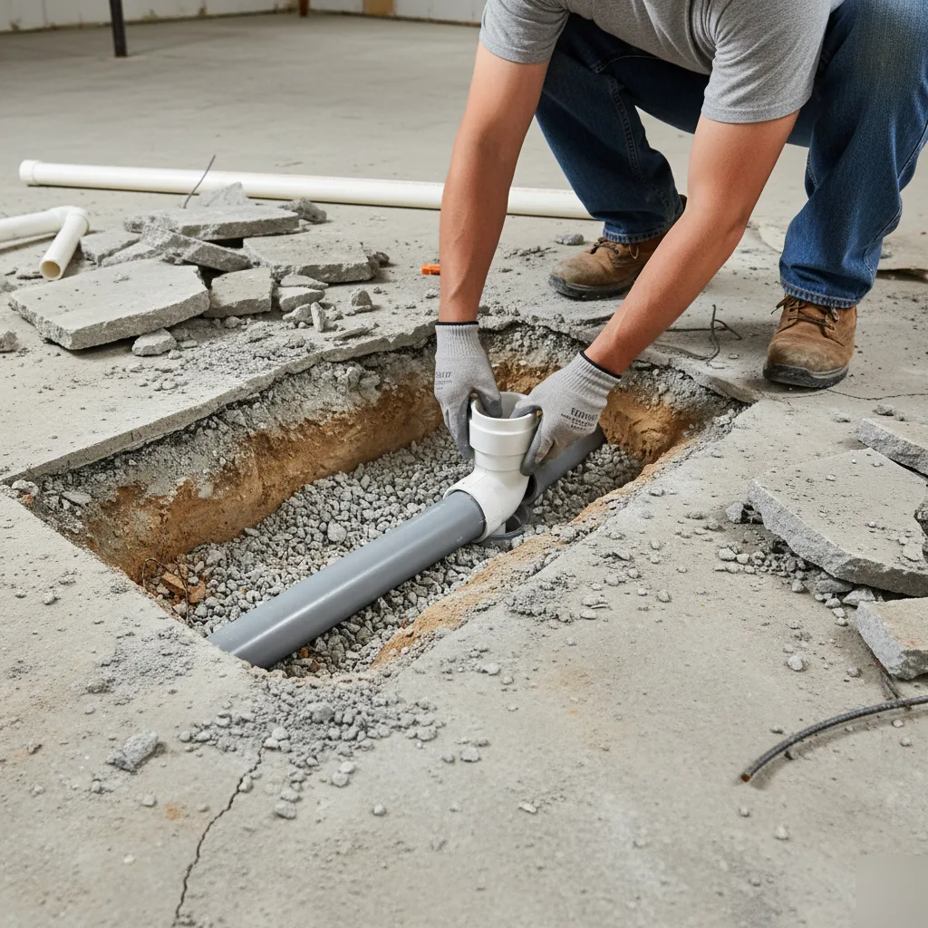 Basement plumbing rough-in trenched into a concrete slab during a Brownsburg basement finish