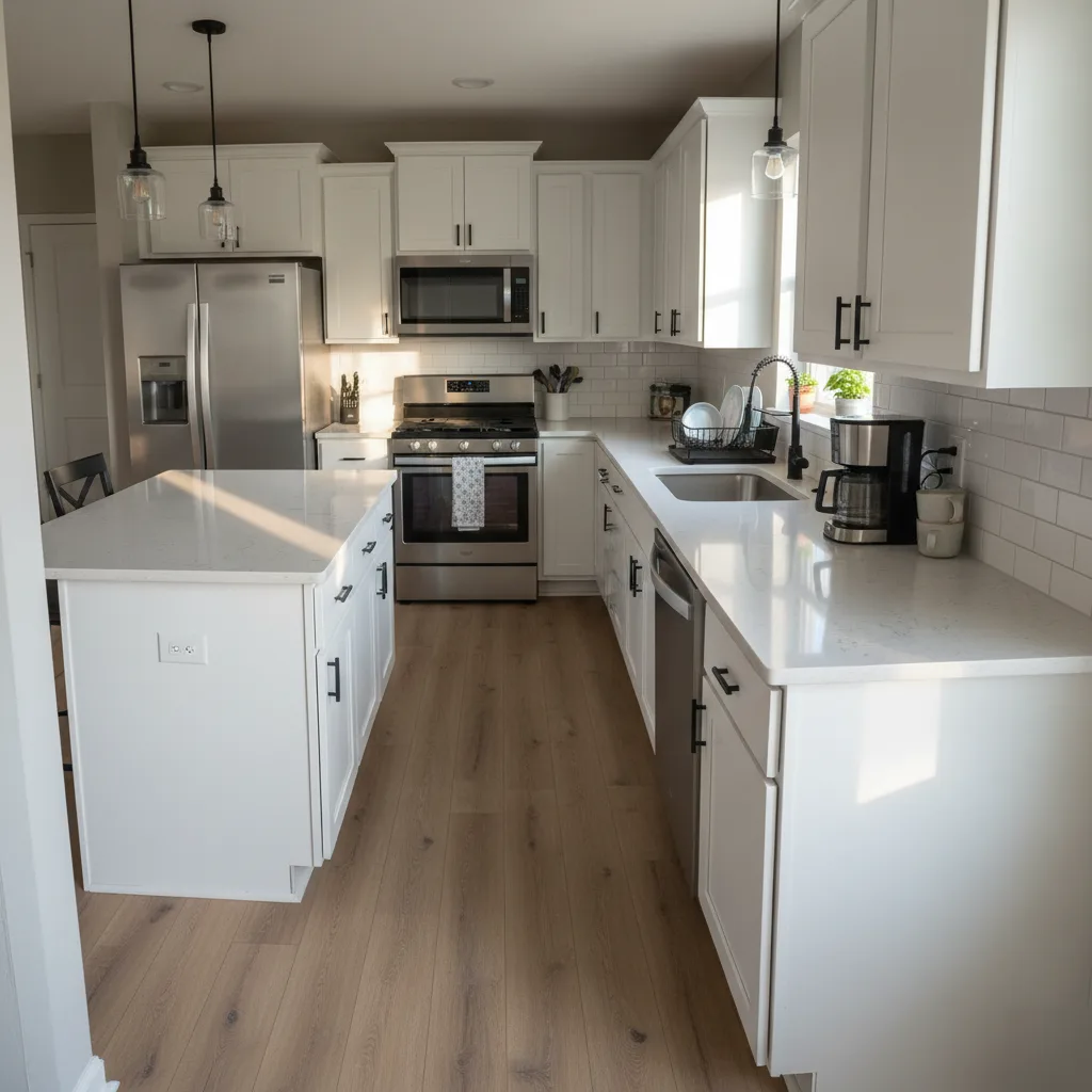 Completed kitchen remodel showing countertops, appliances, and flooring in Brownsburg