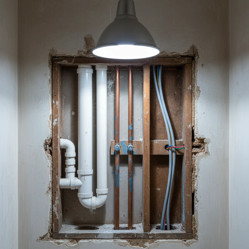Exposed bathroom wall showing plumbing pipes and electrical wiring — the work that triggers permit requirements in Indiana