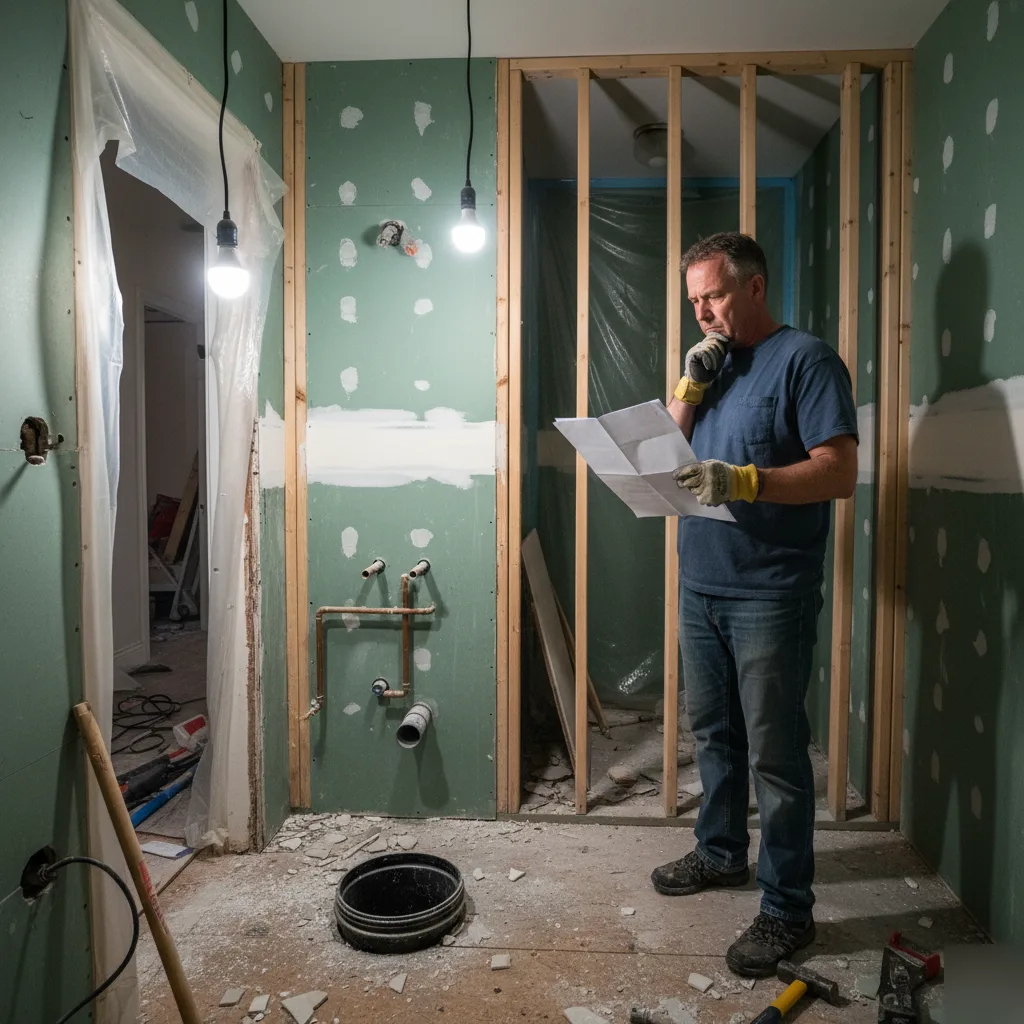 Contractor reviewing permit plans in a bathroom during demolition phase in Brownsburg, Indiana