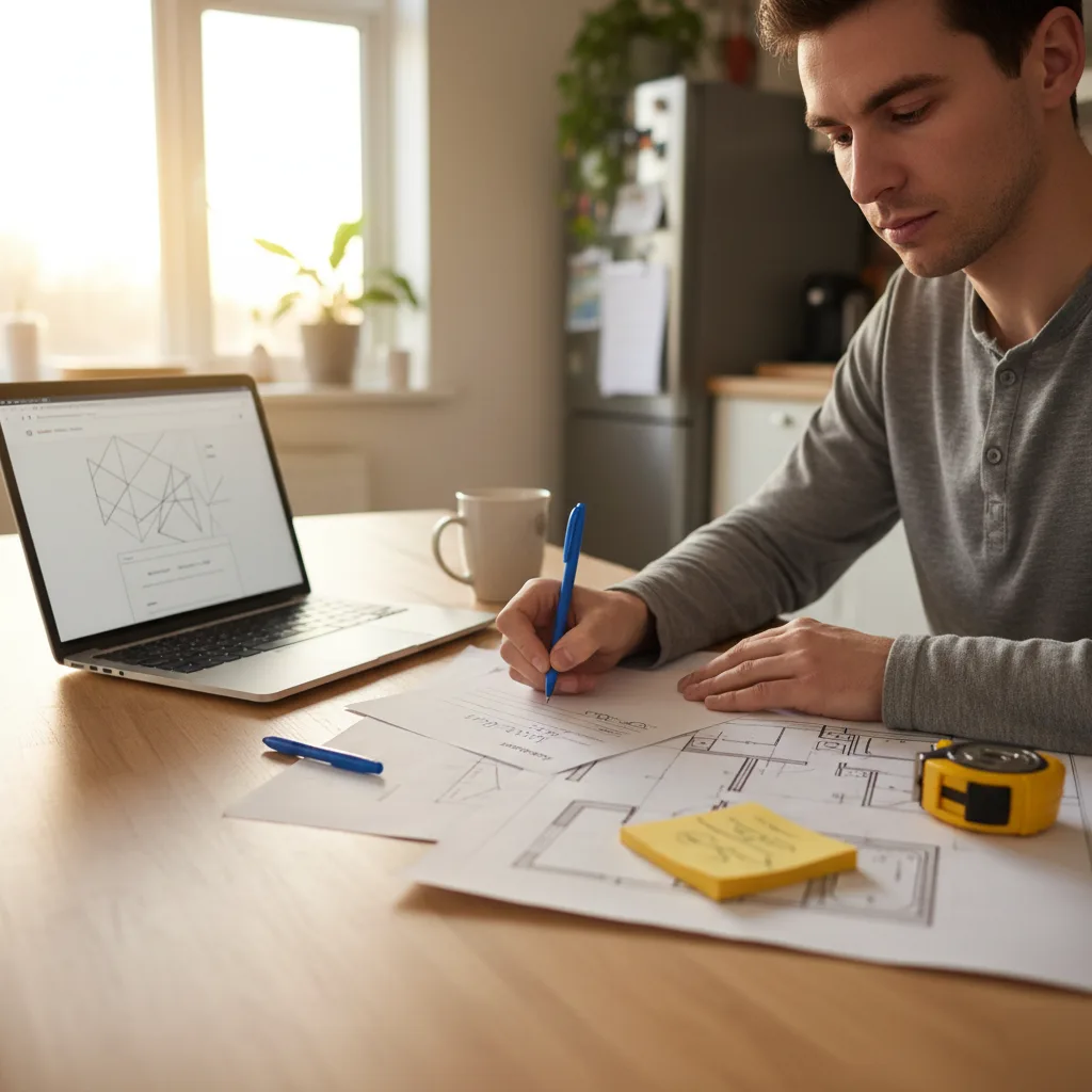 Homeowner reviewing bathroom remodel plans and permit application documents at home in Brownsburg
