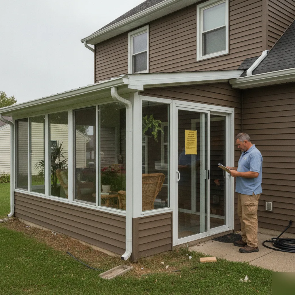 Inspector reviewing a sunroom addition during the permit process in Brownsburg, Indiana