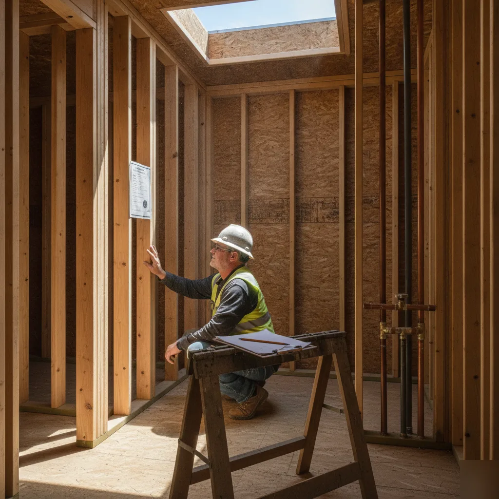 Approved renovation permit posted near bathroom framing in a Brownsburg home