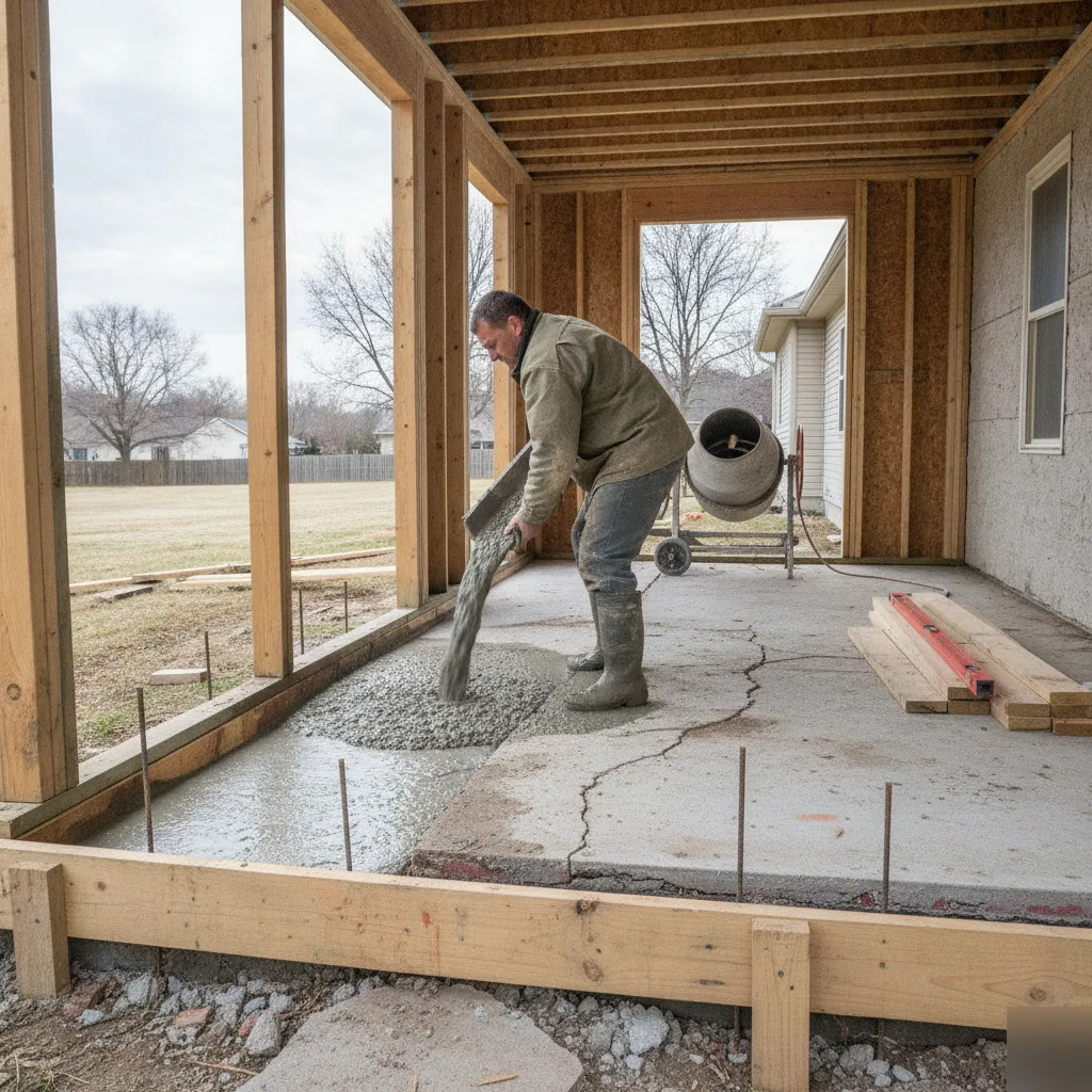Existing patio slab evaluated for sunroom foundation replacement in Brownsburg