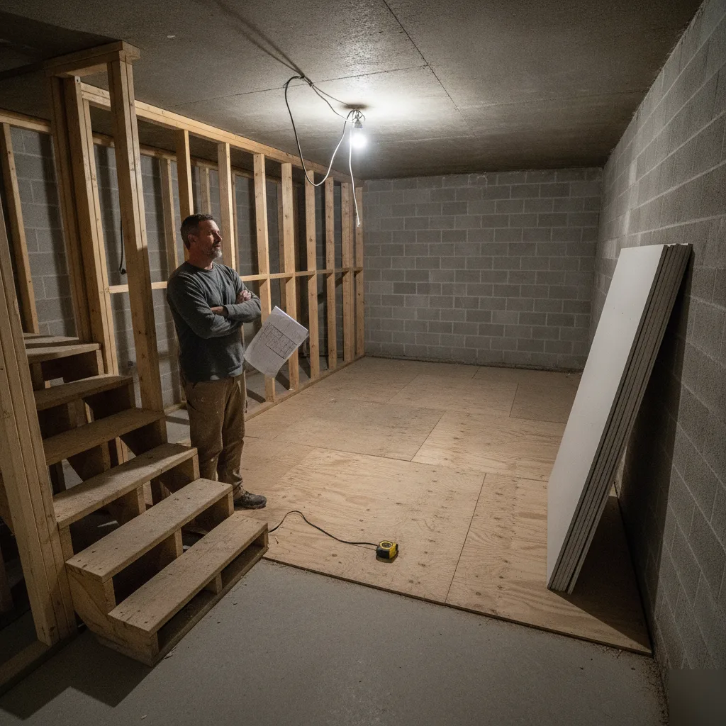 Basement remodel mid-construction showing framing and rough-in work in Brownsburg