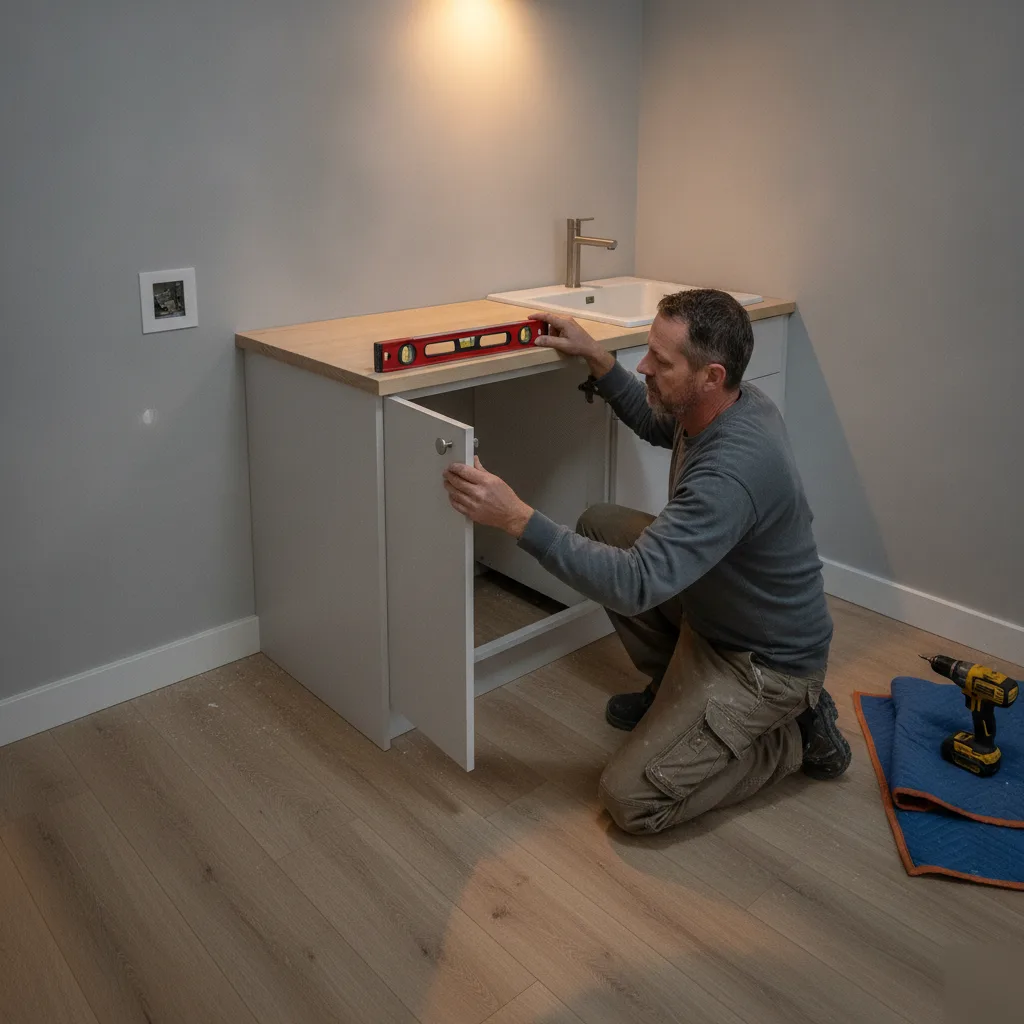 Laundry room cabinet installation in the final phase of a Brownsburg remodel