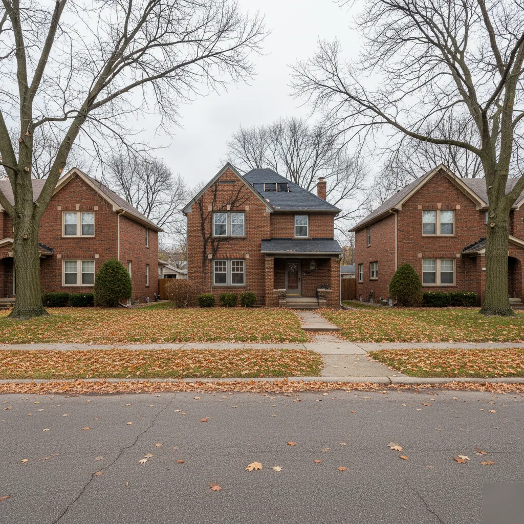 Older brick homes on an autumn street in Brownsburg showing roof condition