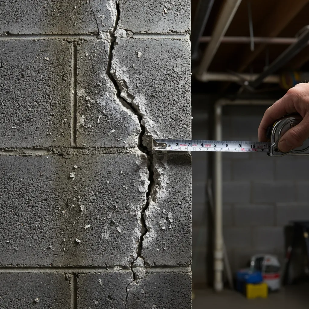 Foundation crack in a concrete block basement of an older Brownsburg home