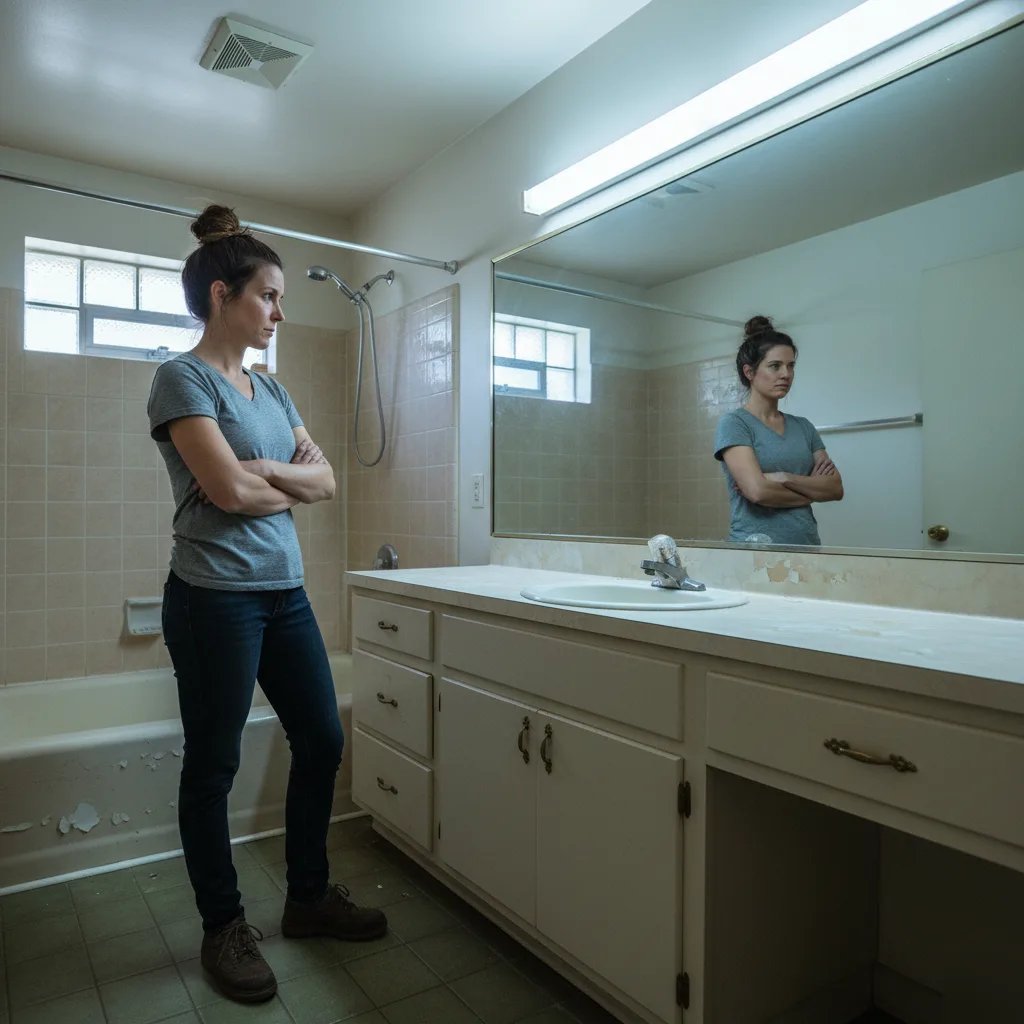 Homeowner assessing an outdated bathroom in Brownsburg, Indiana before remodeling