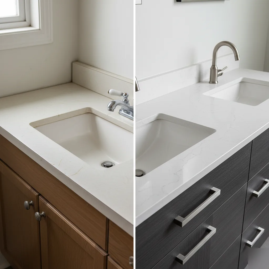Before and after comparison of a bathroom vanity upgrade in Brownsburg — old oak vanity versus new modern vanity with quartz countertop