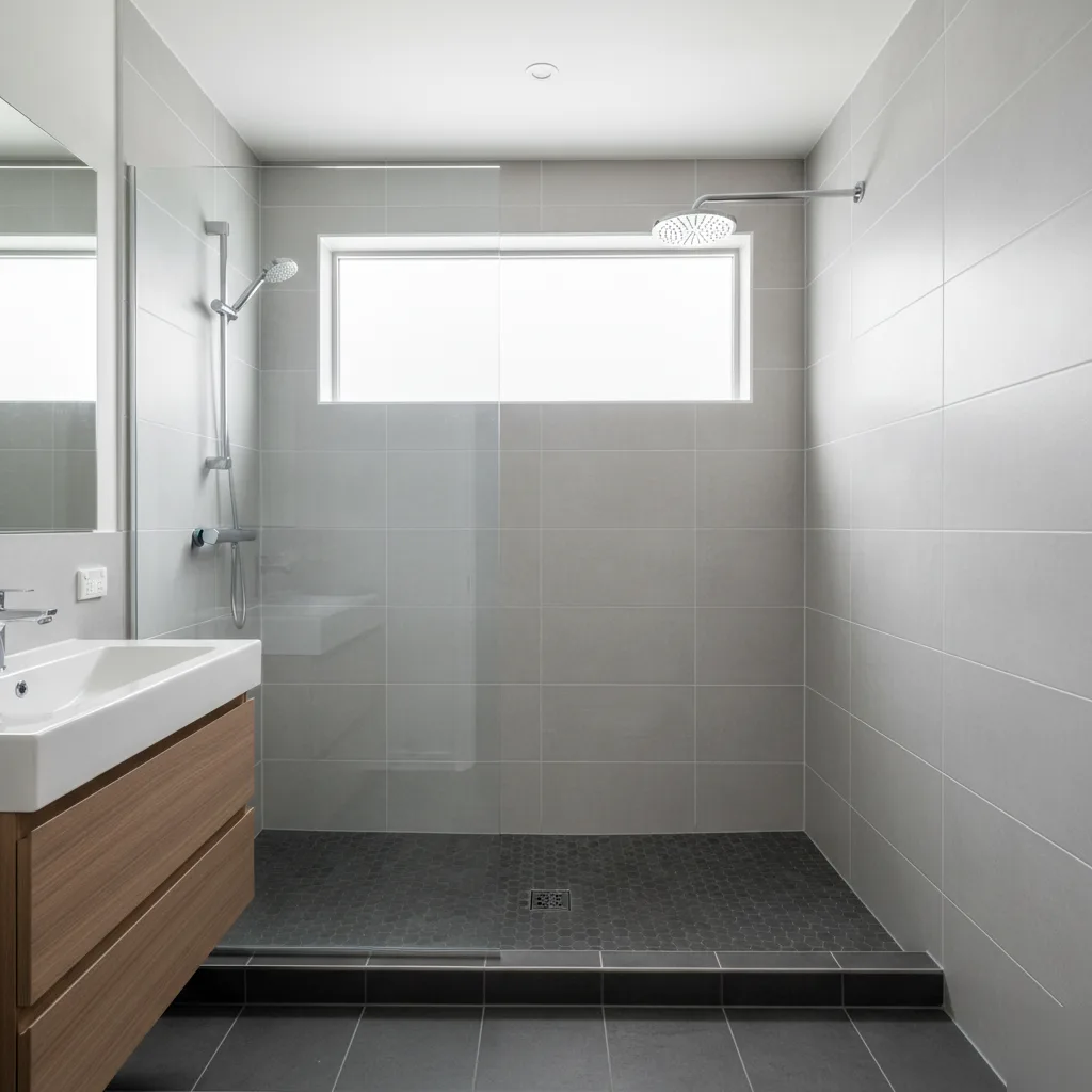 Completed walk-in tile shower remodel in Brownsburg, Indiana — modern rain head and linear drain