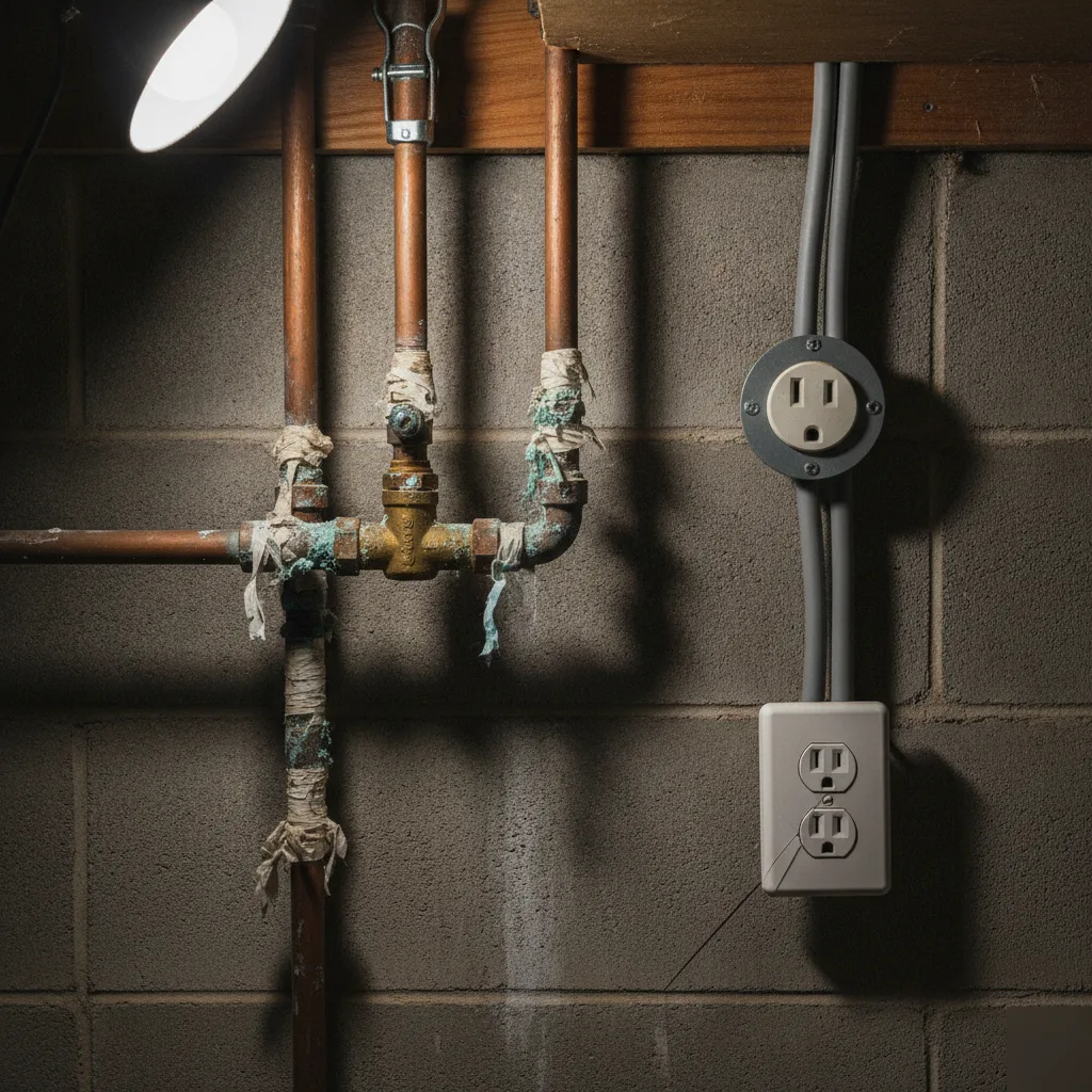 Plumbing and electrical components inside a Brownsburg laundry room wall