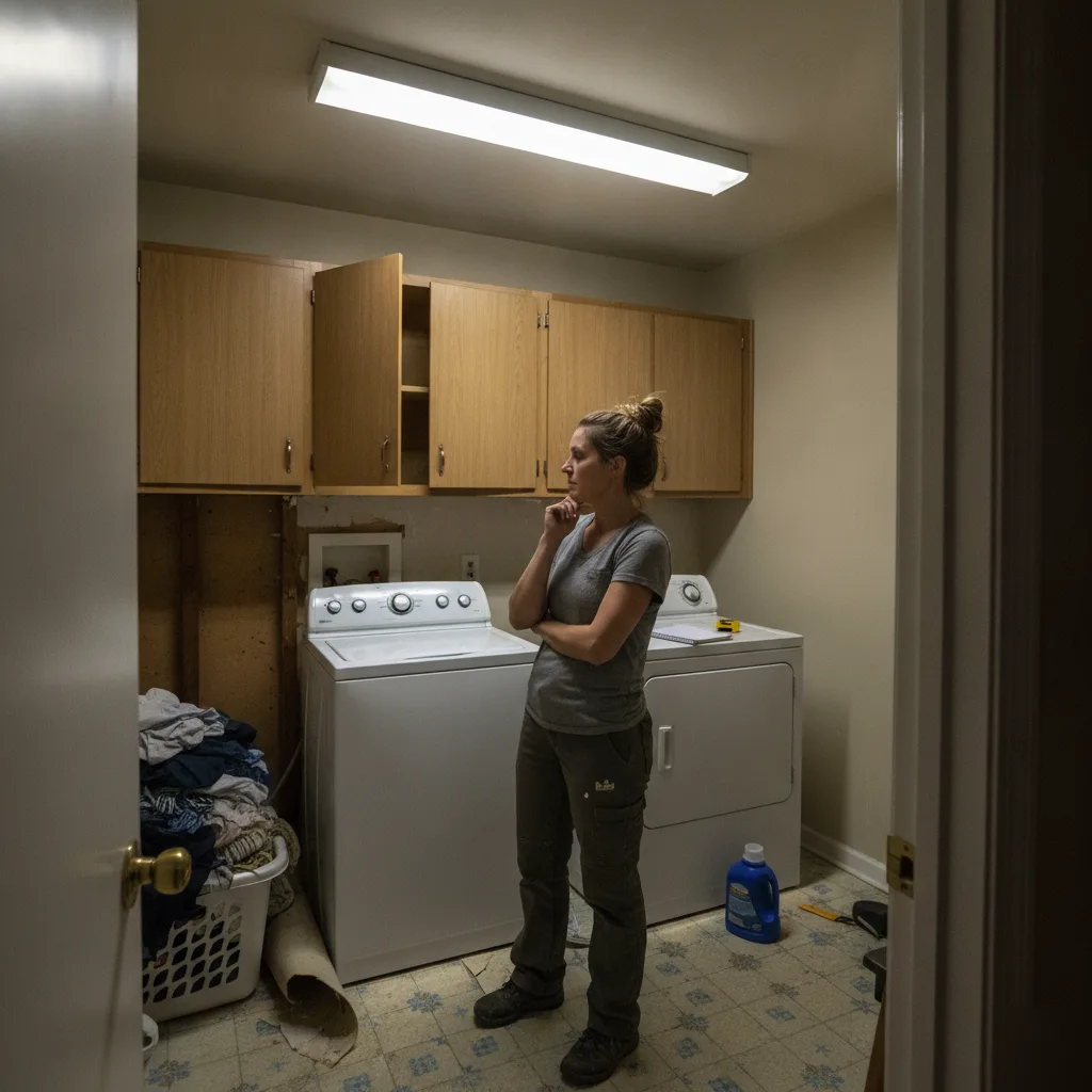 Homeowner inspecting the scope of a laundry room remodel in Brownsburg