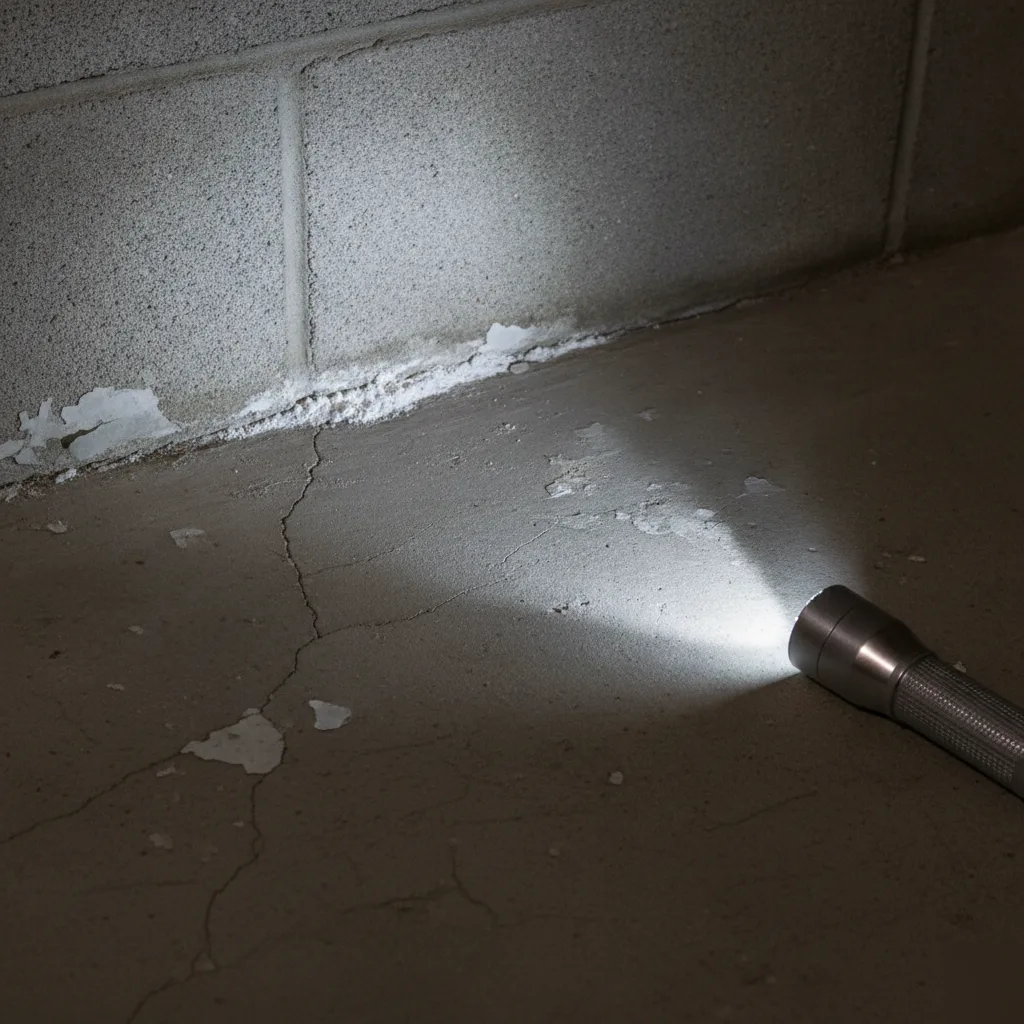 Efflorescence at a basement wall-to-floor joint in a Brownsburg home