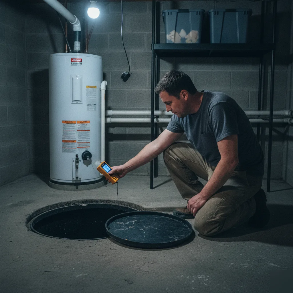 Radon testing near a basement sump area in a Brownsburg home