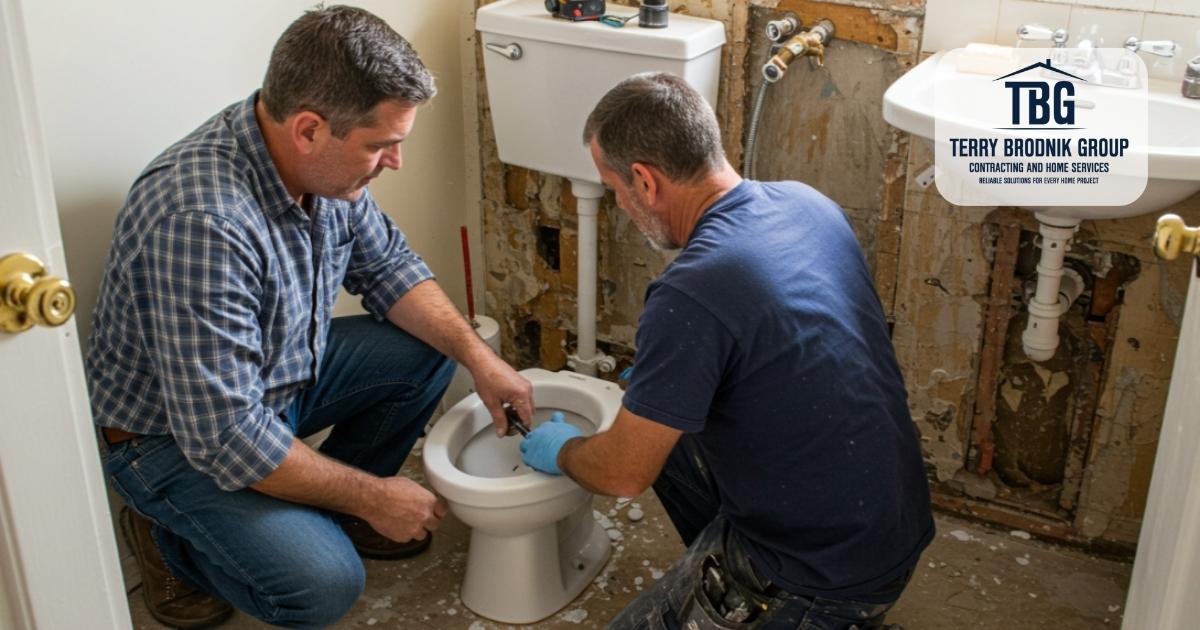 two man are Working Remodel a Small Bathroom